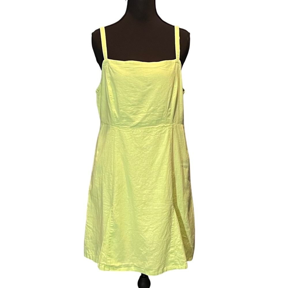 Lime Green Linen Blend Lace Up Back Sundress XL Square Neck A-Line Coconut Girl